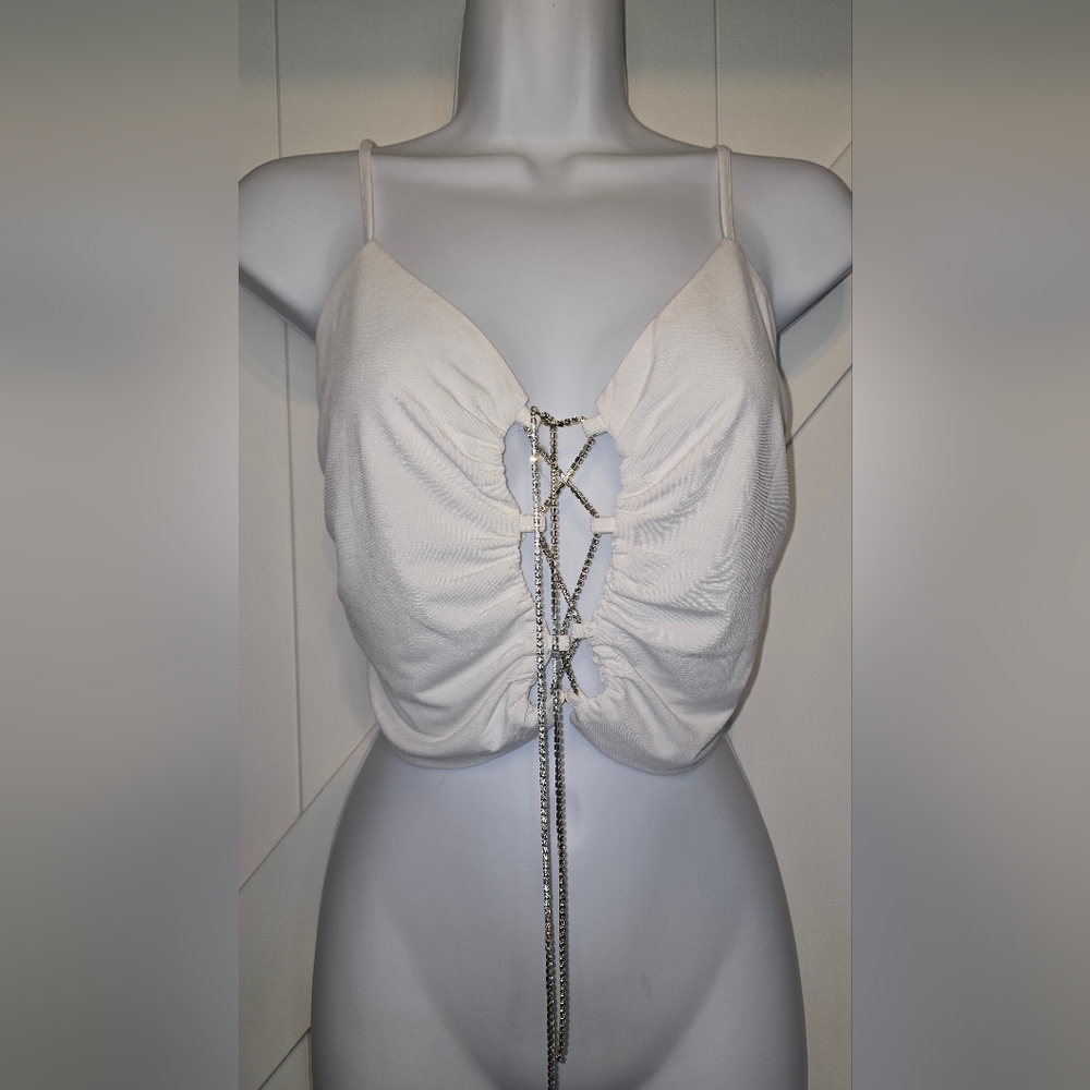 Forever 21 White Diamond Rhinestone Tie-Up Crop Top, Small, Glam Party Clubwear